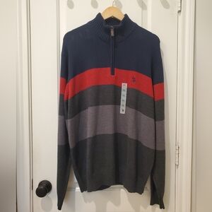 U.S Polo Assn. Men's 1/4 Zip Navy and Red Striped Sweater